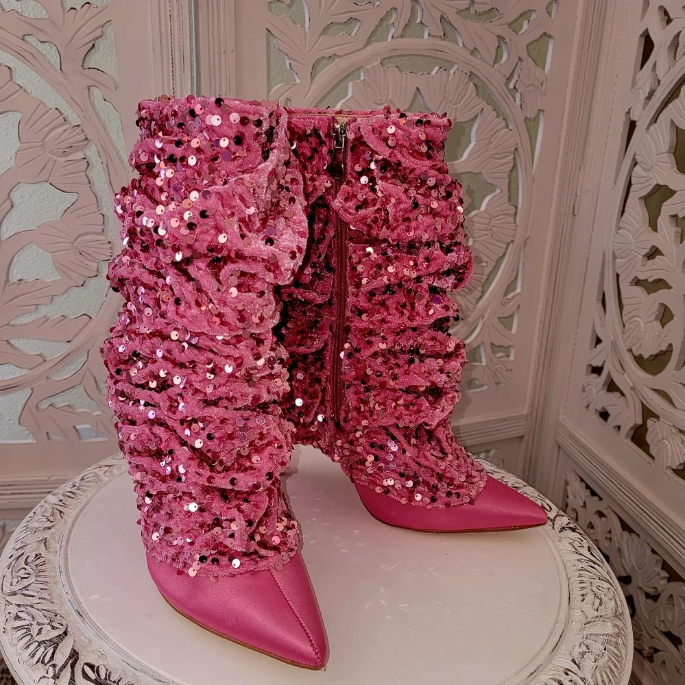 Custom Order "THEA" Pink Sequin Velvet & Satin Ankle Boots - Picture 1 of 7